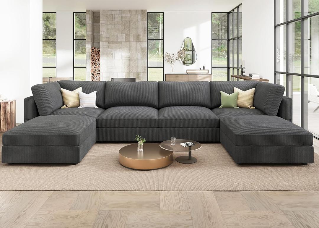 HONBAY Modular Sectional Couch with Storage Corduroy Sofa with Chaise U Shaped Sectional Couches for Living Room,Dark Grey