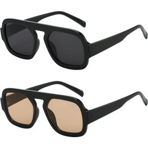 Trendy Square Aviator Sunglasses for Women Flat Top Designer Stylish Frame Sun Glasses Vintage Shades ((2 Pack) Black/Grey+black/Light Brown)