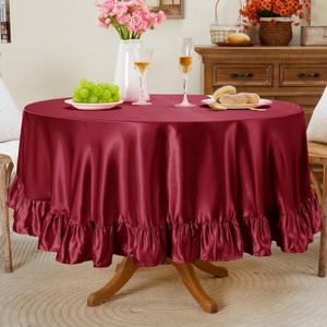 Entisn Ruffle Round Tablecloth 70 Inch, Burgundy Satin Table Cover Include 5 Inch Flounce Trim for 20-48 Inch Table, Washable Wrinkle Resistant Silky Decor for Banquet, Party, Kitchen