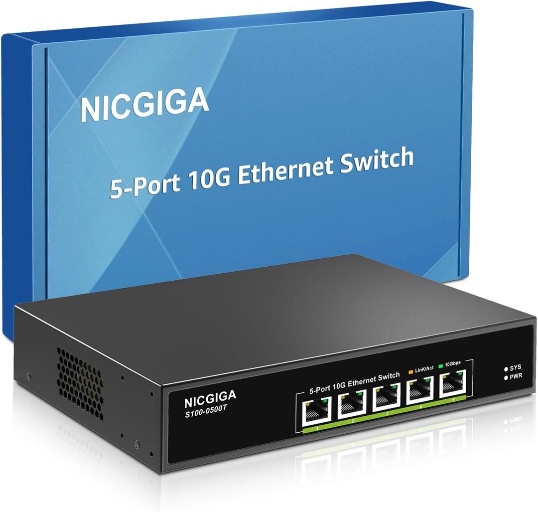 5 Port 10G Ethernet Switch Unmanaged, with 5X 10Gb Base-T RJ45 Ports, NICGIGA 10Gbps Network Switch Easy for 10G NAS, PC, WiFi7 Router, 10G Adapter/NIC. Desktop or 19-inch Rack Mount, Plug and Play