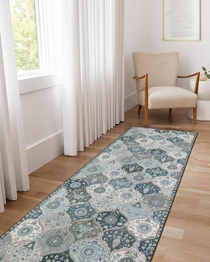 Lahome Moroccan Trellis Washable Runner Rug, 2x6 Runners for Hallways 6 Feet Non Slip Vintage Laundry Room Rug Vintage Ultra-Thin Long Carpet for Kitchen Bedroom Elise, Blue