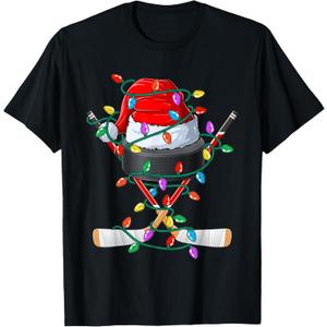 Christmas Hockey Xmas Santa Sports Hat Ball Kids Boys Men T-Shirt Small