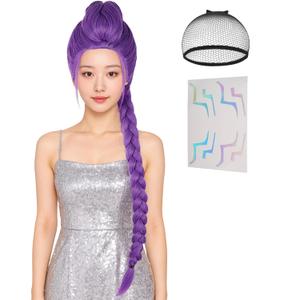 Wiggy Mermaid Long Purple Braided Wig + Tattoos Stickers Prop for Women Purple Base Wig with Braids Ponytail Pigtail Clip + Cap for Stage Party Halloween Costume Cosplay
