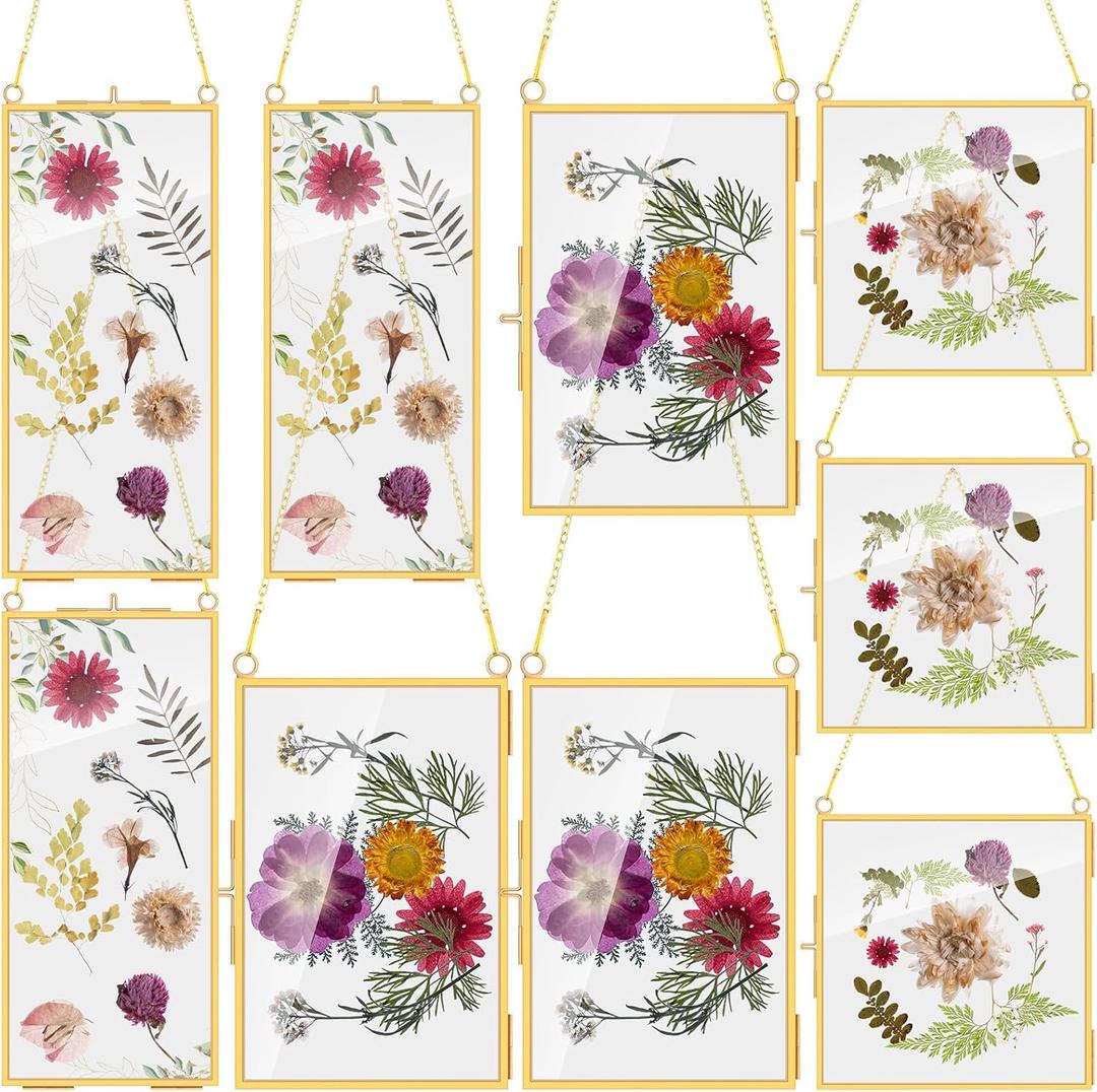 Barydat 9 Pack Gold Glass Frames for Pressed Flowers 6 x 6, 6 x 8, 4 x 9 in Hanging Picture Frame Floating Art Photo Display with Chain for Dried Plant Specimen Gallery Wall Decor