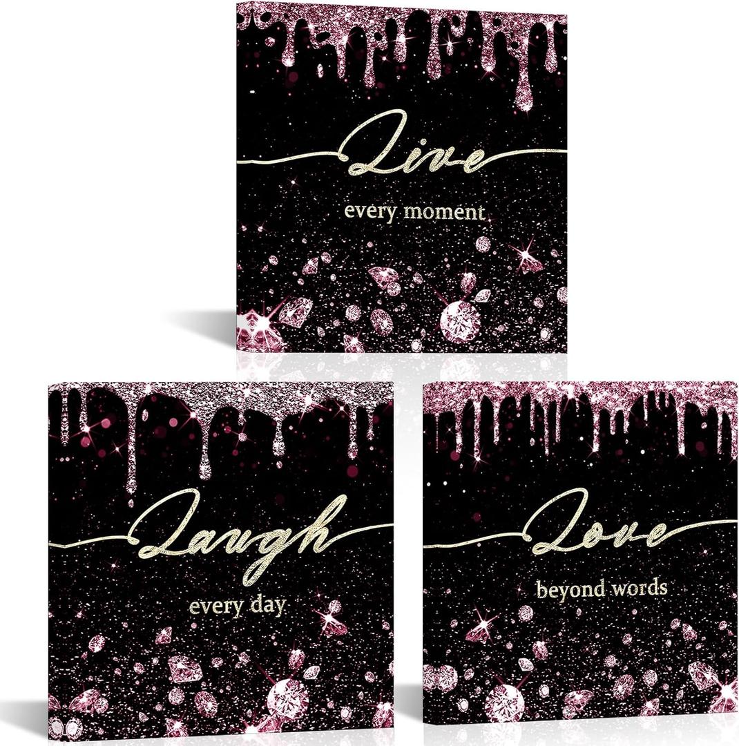 Conipit Pink Glam Canvas Wall Art Laugh Live Love Inspirational 3 Pictures Frame Fashion Art Modern Artwork Black White Pink Glitter Paintings For Girl's Bedroom Wall Decor（12'' x 12'' x 3pcs)