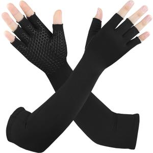 Long Copper Arthritis Gloves for Carpal Tunnel, Compression Gloves for Hand Pain Relief, Wrist Arm Support, Fingerless Typing Gloves for Rheumatoid, Tendonitis, Fits Women Men, 1 Pair, Medium (Black)