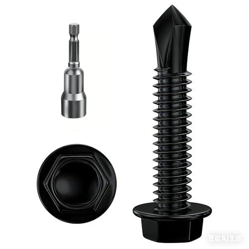 Wensilon (200Pcs) #8×1-1/4" Black Hex Washer Head Self Drilling Screws, 410 Stainless Steel Metal SheetScrews，TEK Screws, Sheet Metal Self Tapping Screws