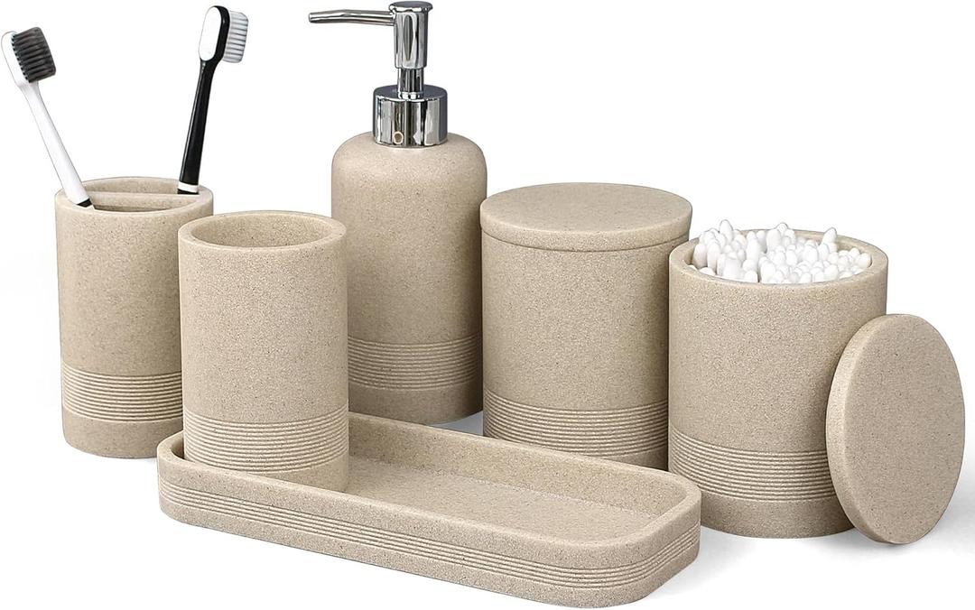 6-Piece Bathroom Accessories Set, Bathroom Accessory Set with Soap Dispenser, Toothbrush Holder Set, Vanity Tray, Tumbler & 2 Cotton Swab Jars, Modern Stylish Bathroom Organizer(Beige)