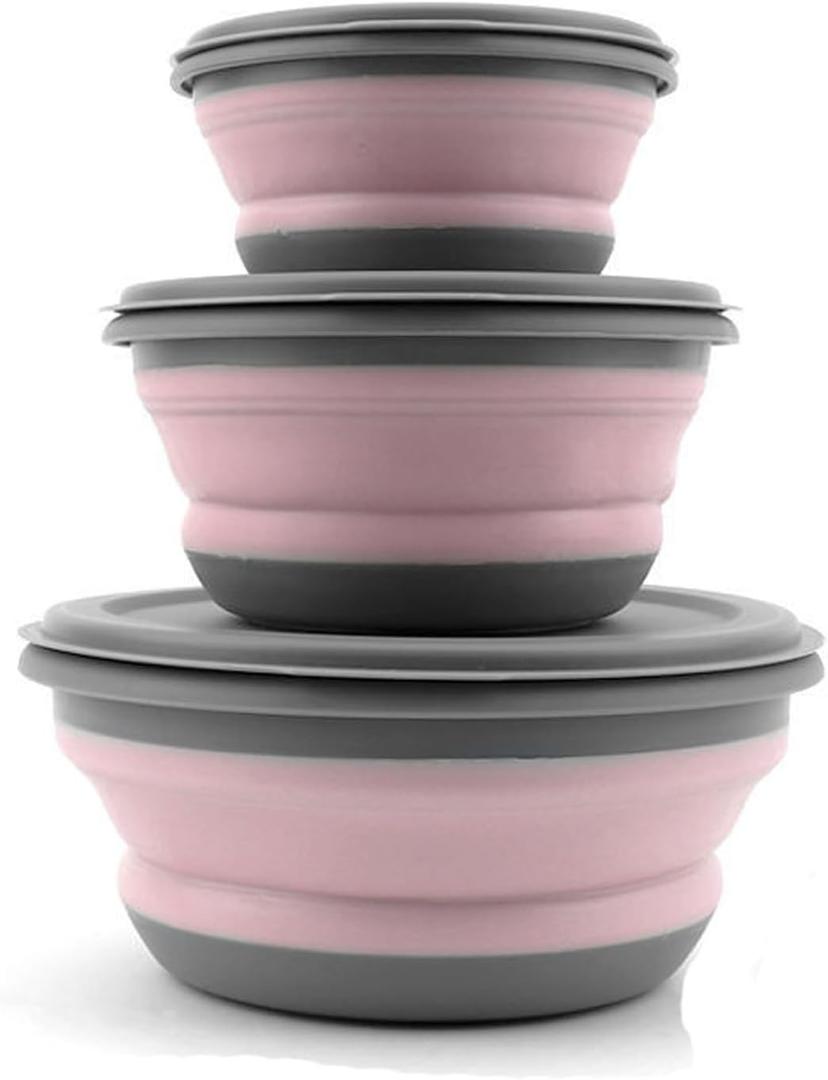 Collapsible Bowls, 3pcs Food Grade Silicone Camping Bowl Salad Bowl with lids, Portable Expandable Lunch Box Food Storage Container for Camping Travel and Picnic (Pink)