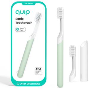 Quip Sonic Electric Toothbrush for Adults - Time Travel & Soft Bristles with Travel Case & Replacement Brush Head - 3 Month Battery Life, Plastic Handle - Sage Green