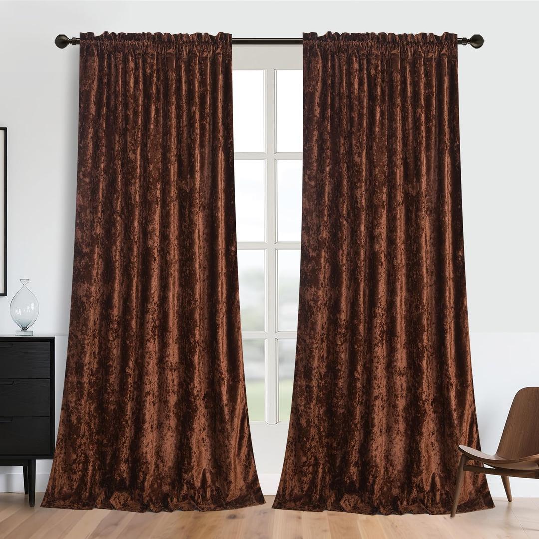 Brown Crushed Velvet Curtains with Rod Pocket Luxurious Thermal Insulation Soundproofing and Room Darkening Window Treatments for Living Room Bedroom Office, 2 Panels Set 52" W x 84" L