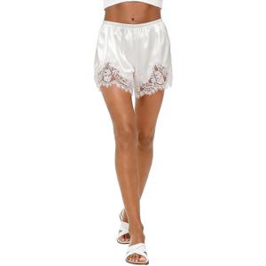 Women Satin Silk Lace Shorts, Elastic Waist Y2K Pajama Shorts Silky French Knickers Half Slip Mini Pjs Bottom (White)
