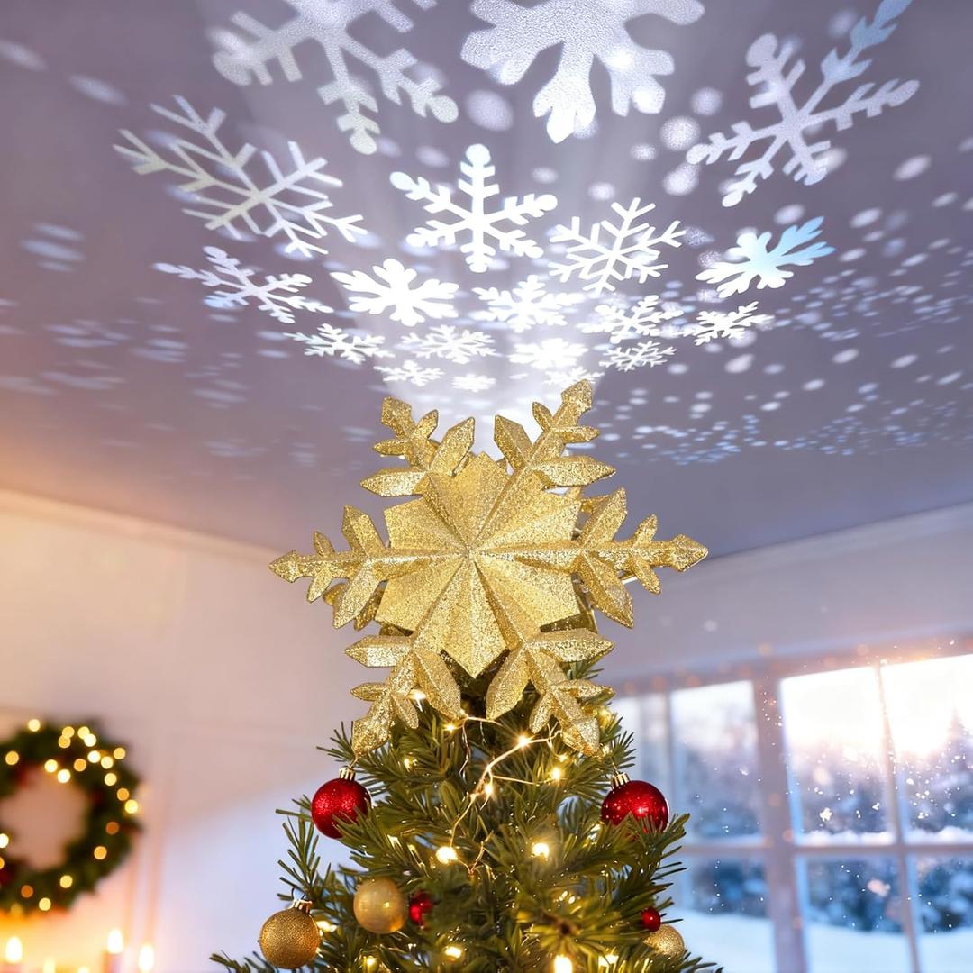DG-Direct Christmas Tree Topper Lighted with Golden Snowflake Projector, Led Rotating Magic Snowflake, 3D Hollow Glitter Lighted Gold Snow Tree Topper for Christmas Tree Decorations