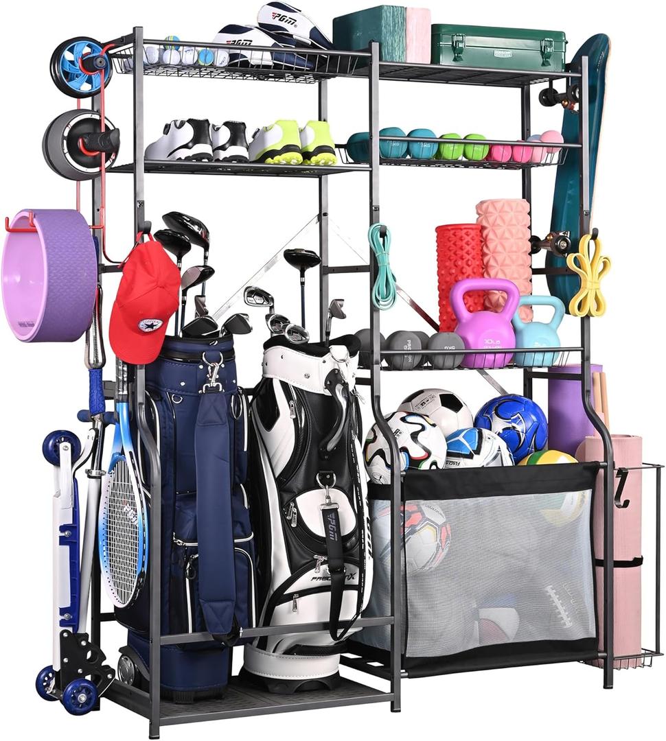 PLKOW Golf Storage Ball Rack Garage Organizer, 2 Golf Bag Organizer and Other Sports Equipment Organizer for Garage, Extra Large Size Sports Storage Rack for Garage (Black, 66.3"Lx15.7"Wx66.1"H)