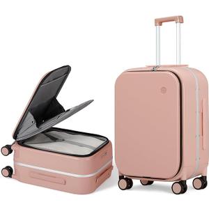 mixi Carry On Luggage, 20'' Suitcase with Front Laptop Pocket, Travel Rolling Luggage Aluminum Frame PC Hardside with Spinner Wheels & TSA Lock and Cover - Pink