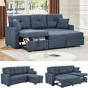 Sectional Sleeper Sofa with Pull Out Bed, L Shape Convertible Linen Couch with Storage Chaise, 2 in 1 Pull Out Sofa Bed with 2 Seats, for Living Room, Apartment, Dark Blue