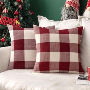 MIULEE Pack of 2 Christmas Classic Farmhouse Buffalo Check Plaids Linen Soft Soild Decorative Square Porch Throw Pillow Covers Home Decor Cushion Case for Sofa Bedroom 18x18 Inch, White and Red
