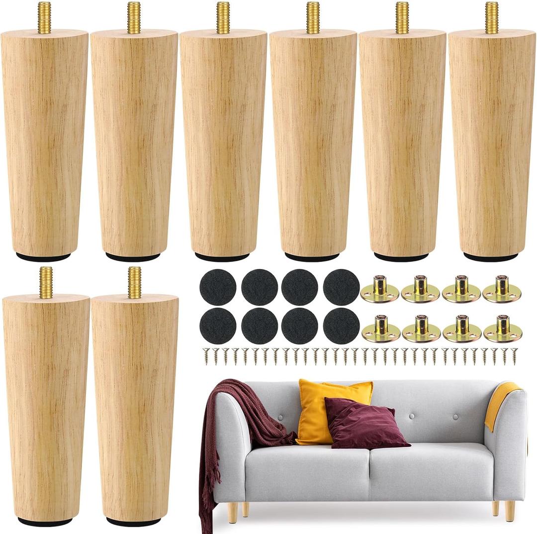 Maitys 8 Pcs 6 Inch Round Solid Wood Furniture Legs Furniture Wooden Replacement Chair Feet Dresser Sofa Couch Legs Table Cabinet Footstool DIY Projects for Home(Wood)