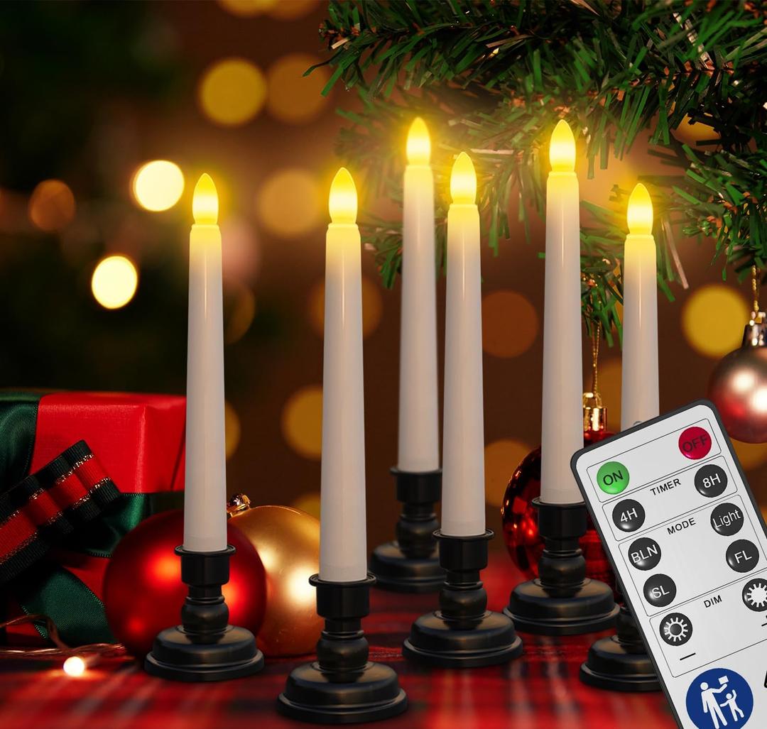 SoulBay 6pcs Christmas Decorations Window Candles with Remote Timer, 7.9inch Battery Operated Flameless Flicker LED Taper Candle Lights w/Black Holders for Home Party Indoor Windowsill Dcor
