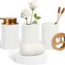 Kukikan Ceramic Bathroom Accessories Set, 4 Pcs-Includes Lotion Soap Dispenser, Toothbrush Holder, Vanity Tray, and Tumbler, Modern Bathroom Decor Organizer with Soap Dish, Apothecary Jar, White Color