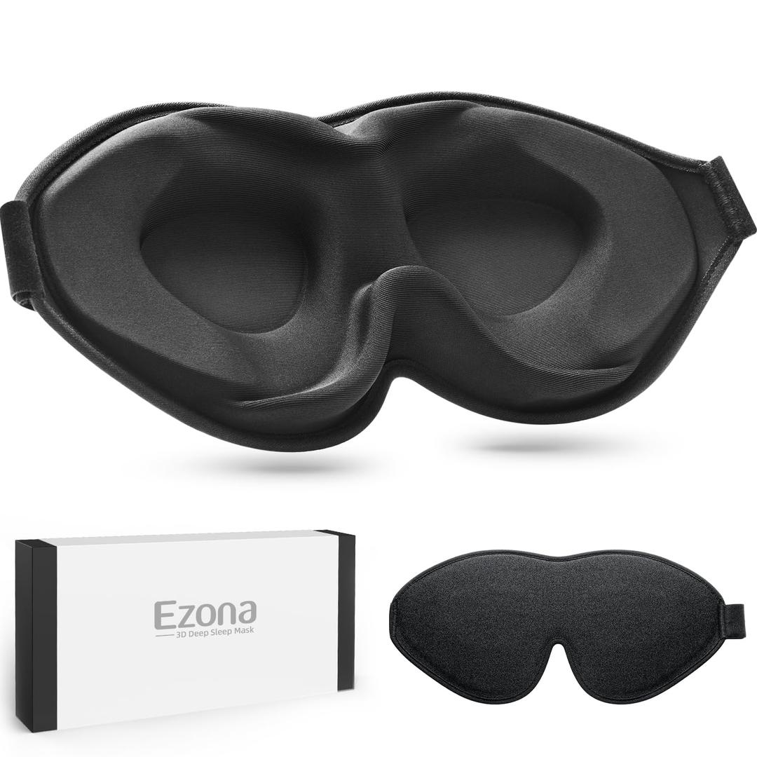 Ezona Sleep Mask for Side Sleeper, 3D Contoured Eye Mask Sleeping for Men and Women, 100% Light Blocking Blindfold & Eye Cover, Soft Comfort Eye Shade for Night Shift, Travel, Flight, Nap, Black
