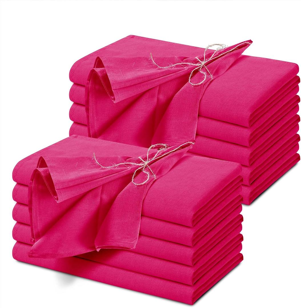NSGZ 12-Pack Dinner Napkins - Hot Pink, 20x20 Inch Cotton Linen Napkins, Hemstitch, for Dinner, Wedding, Restaurant