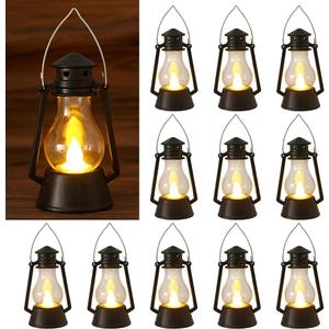 12Pcs LED Mini Vintage Lantern Decor Indoor Decorative Outdoor Hanging Lantern Decorative Small Candle Lanterns Farmhouse Decor for Wedding Centerpiece,Halloween,Christmas,Farmhouse Decorative (Black)