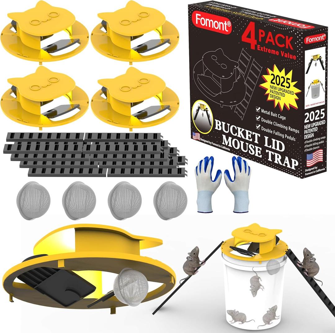 2025 New Upgraded Bucket Lid Mouse Trap-Metal Bait Cage-Auto Reset-5 Gallon Bucket Fit-Humane-Indoor Outdoor-Rat Trap (Yellow x 4 Sets, Extreme Value)