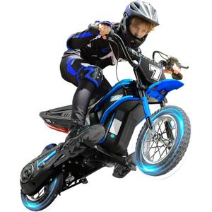 ELEMARA Electric Dirt Bike, 24V Ride on Toys for Big Kids, 350W Kids Motorcycle with Music & Bluetooth, 15.5 mph & 150lb Max, Twist-Grip Throttle & Hand-Operated Rear Brake, 12" Air-Filled Tires-Blue