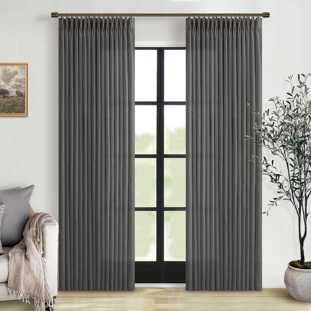 Charcoal Grey Linen Curtains 102 Inches Long for Living Room Pinch Pleated Drape with Hooks Rings for Track System Light Filtering Gray 102 Inch Curtain for Bedroom Sliding Patio Door 2 Panels 50x102