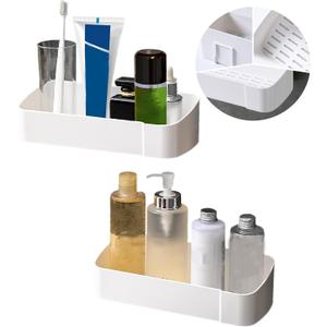 Plastic Shower Caddy Adhesive Wall Shower Shelves for Bathroom Kitchen Bathtub Rustproof Basket Shelf Removable No Drilling Tidy Space Shower Storage Organizer Quick Dry White 2 Pack