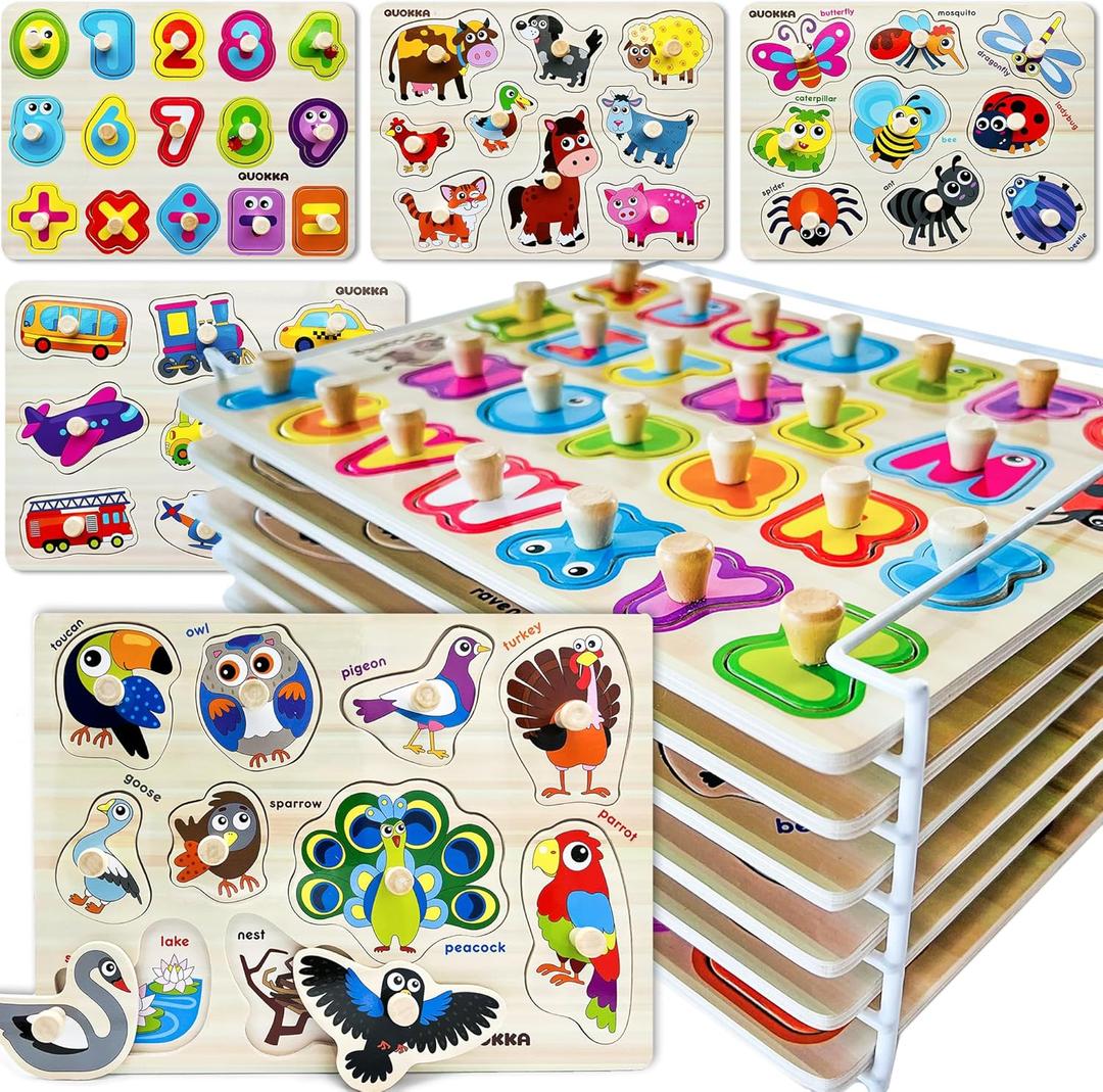 QUOKKA Wooden Puzzles for Toddlers 1-3 - 6XSET Toddler Puzzles Ages 2-4 with Rack - Learning Alphabet - Numbers - Animals Montessori Toy for Kids 3-5 - Wood Games Gift for Boys and Girls