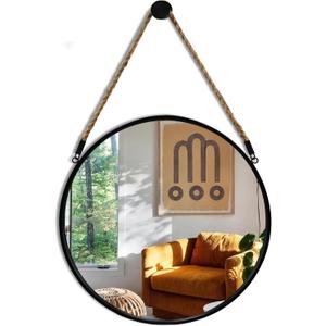 POZINO Round Mirror, 15" Rope Hanging Mirror, Farmhouse Circle Mirrors, Black Metal Frame Wall Mirrors for Bathroom, Bedroom, Living Room, Entryway, Fireplace, Home Decor