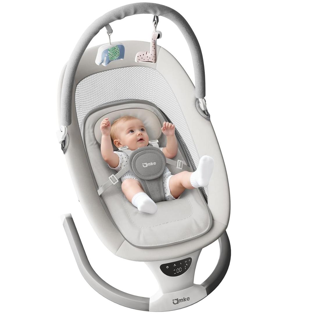 AMKE Baby Swing for Infants with Spacious & Breathable Mesh Seat, Lightweight Portable Baby Rocker Swing with 5-Speeds, 3 Timer & 12 Lullabies, Gentle Sway for Newborn Max 20 Lbs