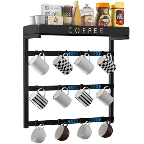 ZDDLOINP Coffee Mug Holder Wall Mounted with 12 Movable Hooks, Metal Coffee Cup Holder with Top Shelf, Mug Rack Wall Mount for Home Kitchen Display and Collection