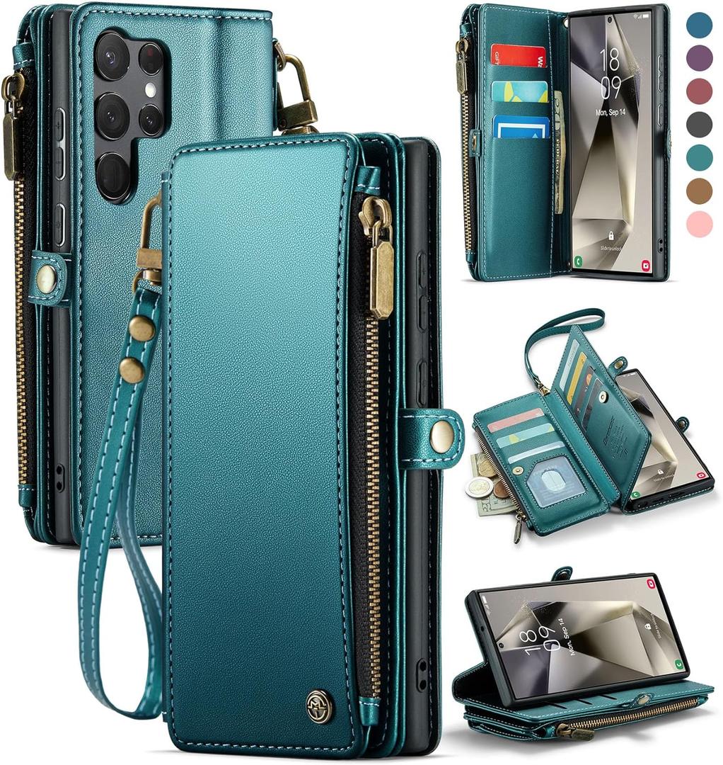 Defencase Compatible with Samsung Galaxy S23 Ultra Case Wallet with RFID Blocking Card Holder for Women Men, PU Leather Magnetic Snap Flip Zipper Strap Phone Case Fit for Galaxy S23 Ultra 5G, Green (Fashion Blue Green)