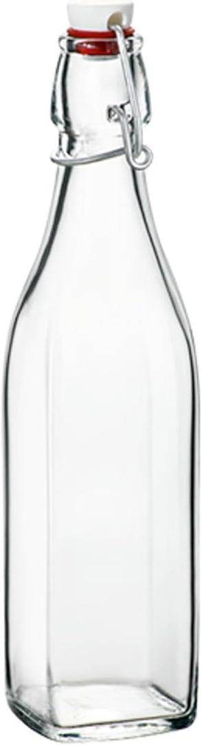 Bormioli Rocco Swing 17 oz. Square Swing-Top Glass Bottle with Airtight Seal and Metal Clamp for Drinks, Juices, Wine, or Dressings, Single Bottle