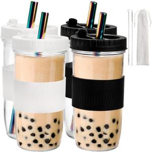 Youeon 4 Pack 24 Oz Reusable Boba Cups with Lids and Straw, Iced Coffee & Smoothie Cups, Bubble Tea & Mason Jar Style with Silicone Sleeve, BPA Free, Dishwasher Safe, 2 Colors