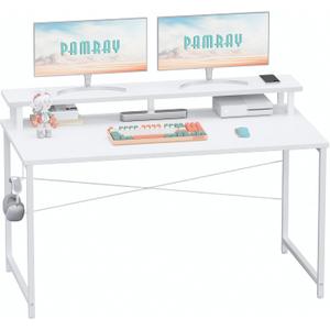 Pamray 47 Inch Small Computer Desk with Monitor Stand, Simple Office Desk with Headphone Hook for Small Spaces, Kids Study Writing Table for Bedroom, White