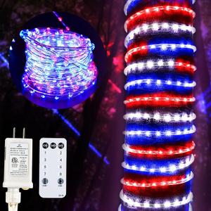 4th of July Decorations outdoor Lights, 33ft 400LED Red White and Blue Rope Lights Patriotic Rope Lights Plug in 8 Modes Remote Timer with Memory for Independence Day Memorial Day National Day