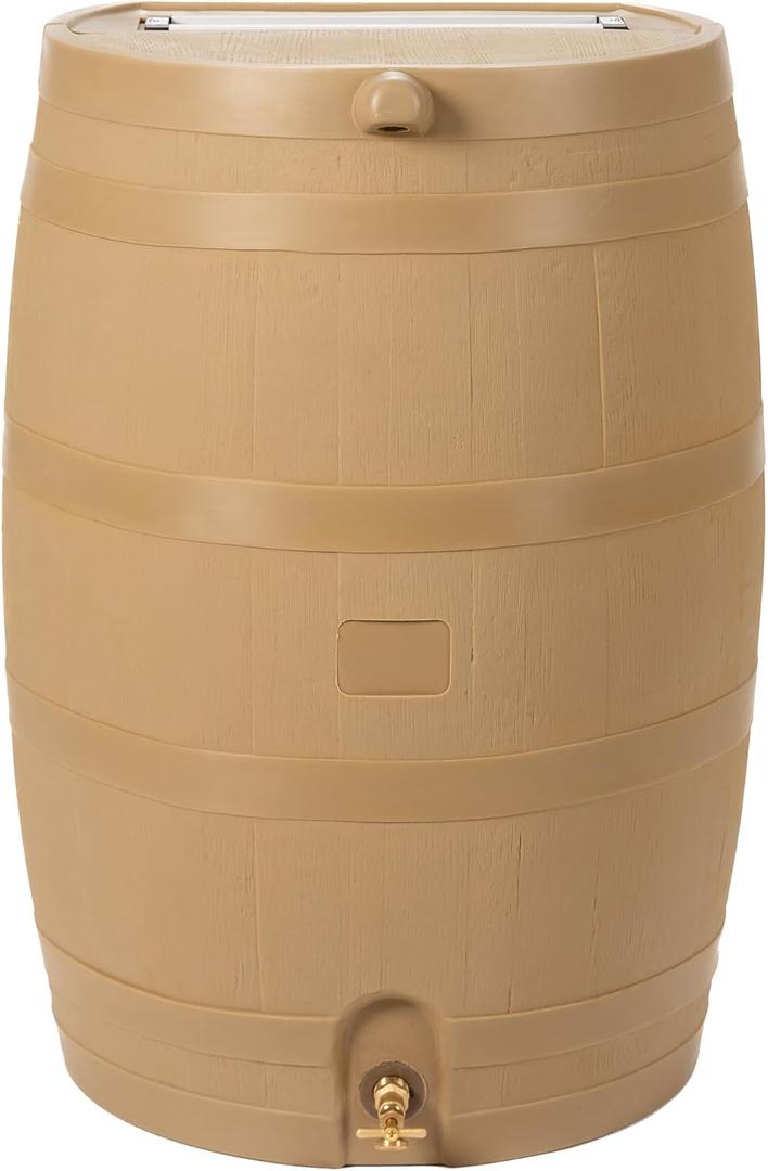 50-Gallon Rain Water Collection Barrel with Brass Spigot, Oak Color