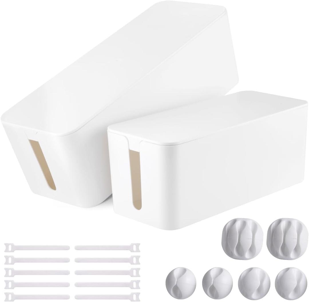 Cable Management Box, 1 Pack Large & Medium Cable Organizer Box with 17 PCS Cable Management Set, Cord Organizer Box to Hide Surge Protector on Desk or Floor (White)