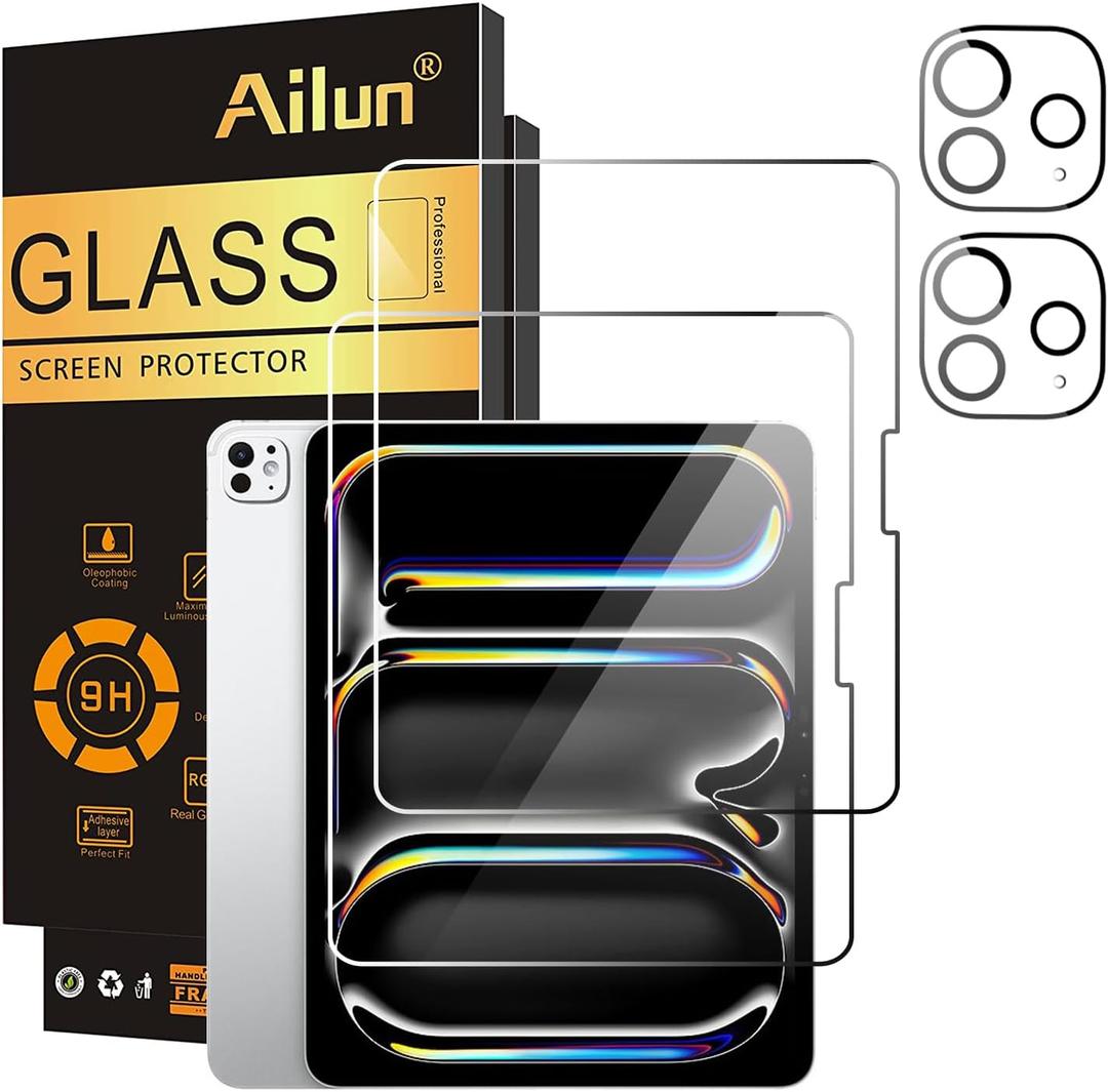 Ailun Screen Protector for iPad Pro 11 inch 2025/2024 [6th/5th Generation, M5/M4] 2 Pack + 2 Pack Camera Lens Protector,Tempered Glass 0.33mm,Face ID & Apple Pencil & Case Compatible [4 Pack]