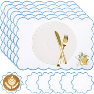 Set of 12 Lemon Cotton Linen Placemats Coaster, 12 x 17 Heat Resistant Embroidery Scalloped Placemats, 4" Summer Kitchen Coaster Double Layered Rustic Dinner Table Decoration(White and Blue)