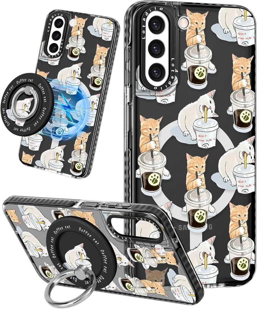 Cute Case for Samsung Galaxy S22 for Women Girls - Funny Design Compatible with Magsafe Magnetic Ring Holder Kickstand Art Cat Cafei Fashion Pattern TPU Phone Covers