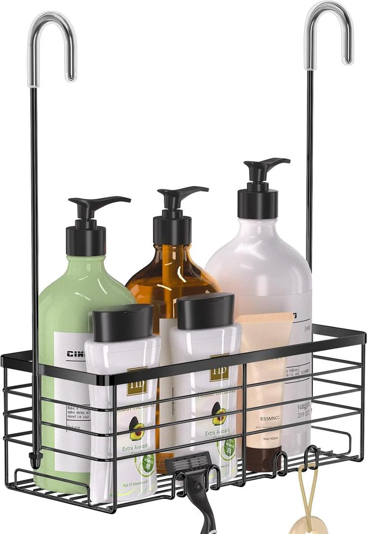 YUOROS Hanging Shower Caddy, Over the Door Shower Organizer Rack 304 Stainless Steel Rustproof (Black) (1 Tier)