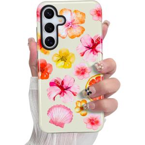 SOKAD Magnetic Hibiscus Seashell Phone Case for Samsung Galaxy S25 Plus, Cute Summer Florals Pattern Compatible with Magsafe Glossy Protective Case Cover with Screen Protector for Girls Women