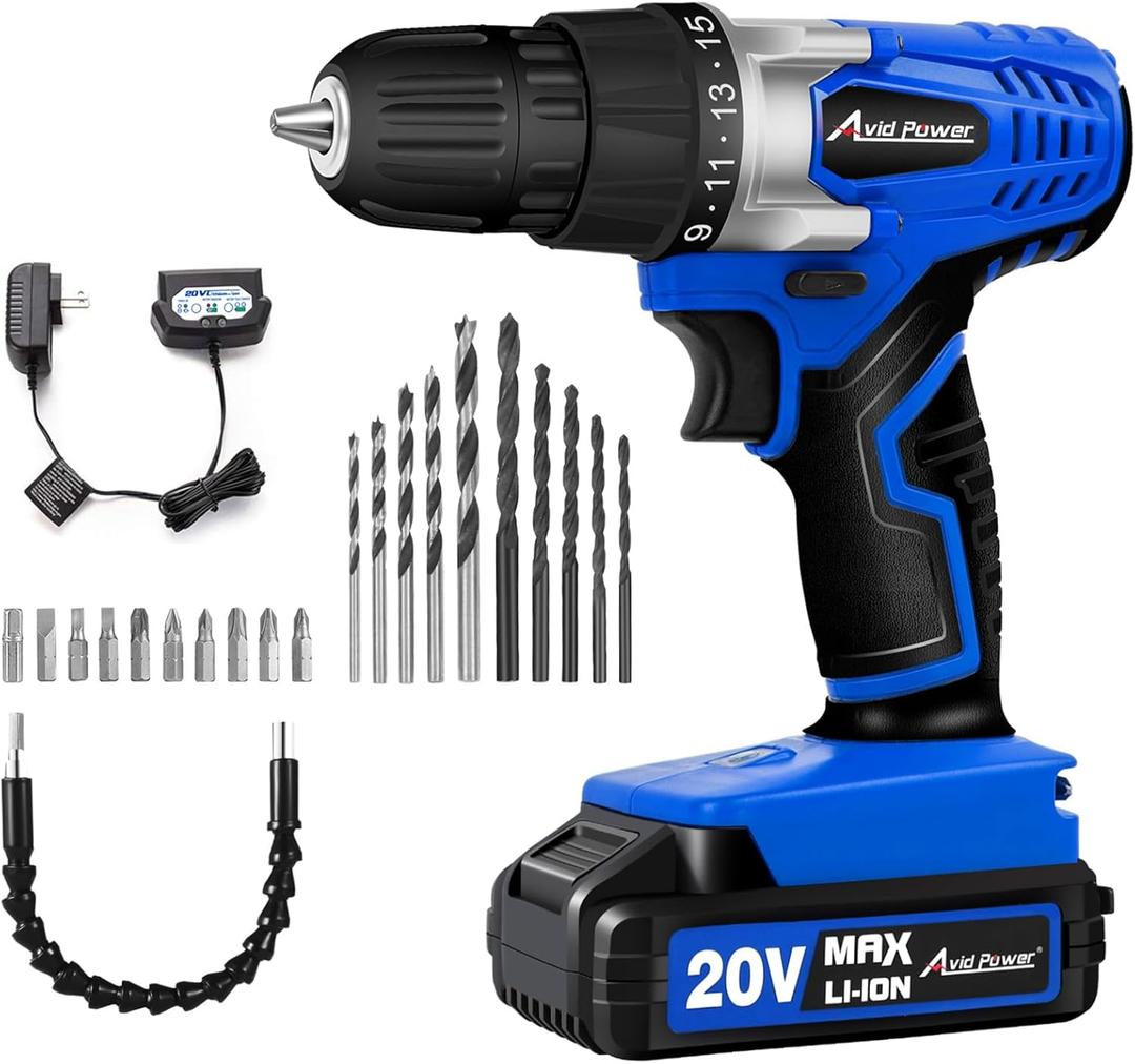 AVID POWER 20V MAX Lithium lon Cordless Drill Set, Power Drill Kit with Battery and Charger, 3/8-Inch Keyless Chuck, Variable Speed, 16 Position and 22pcs Bits (Blue)