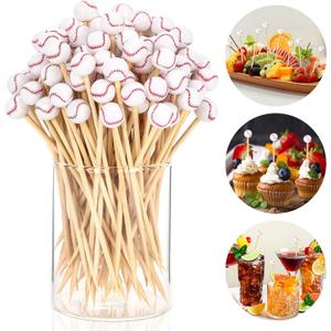 100 Pcs Baseball Toothpicks, 4.72 Inch Baseball Cocktail Picks for Appetizers, Long Bamboo Toothpicks, Decorative Toothpicks Skewers for Holiday Birthday Party Decorations (Baseball 3D)