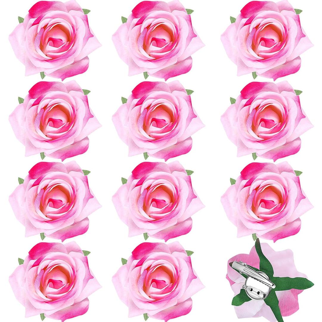 Yilloog 12 Pack Rose Hair Clip Flower 2.8'' Hairpin Floral Brooch Floral Hairclips Mexican Flowers Hairpin Party Supplies for Women Rose Hair Accessories Wedding Pack(Pink)